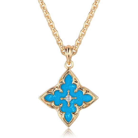 Gold Clover Necklace Women Dainty 14K Gold Blue Onyx Pendant Adjustable Chain - Picture 1 of 6